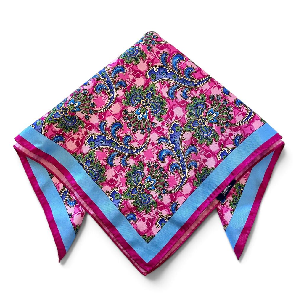 Geoff Nicholson Pink Skull Colorful Paisley Silk Handkerchief Pocket Square
